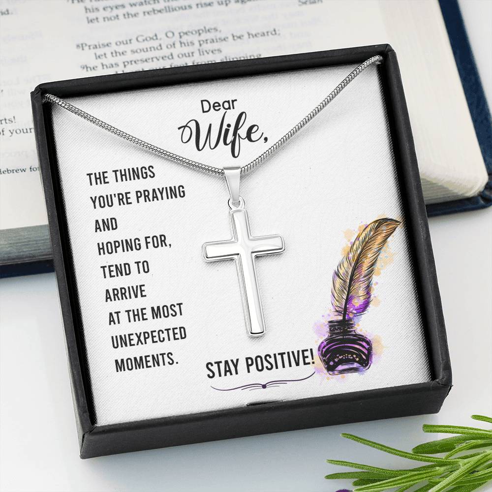 To My Wife Stay Positive Cross Card Necklace w Stainless Steel Pendant-Express Your Love Gifts