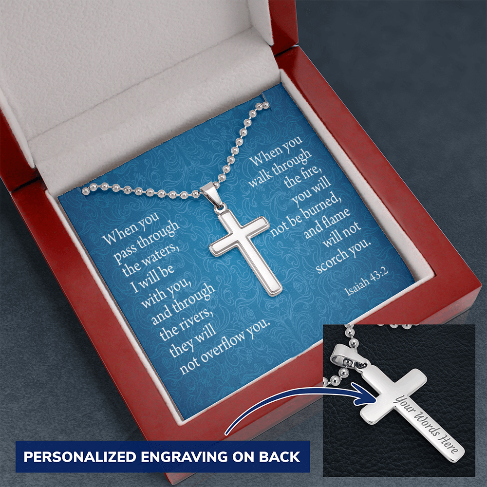 When You Pass Through Isaiah 43:2 Cross Necklace Message Card W Ball Chain Pendant-Express Your Love Gifts