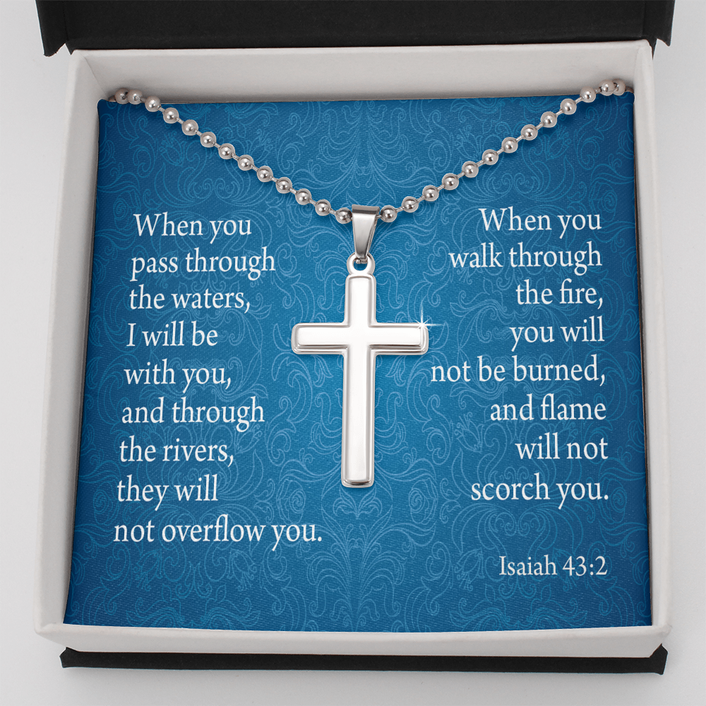 When You Pass Through Isaiah 43:2 Cross Necklace Message Card W Ball Chain Pendant-Express Your Love Gifts